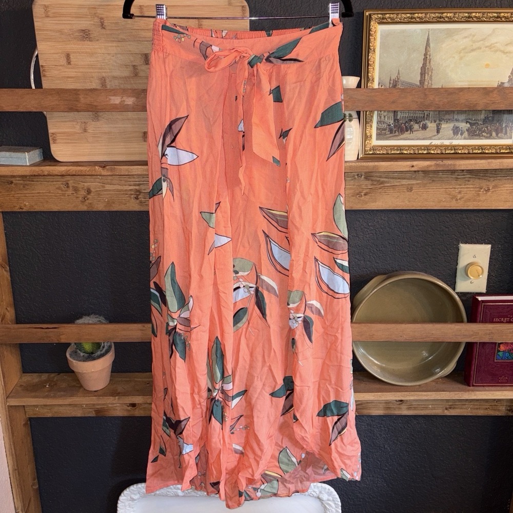 Smocked Waist Tropical Resort Wear Tie Sarong Pants Cover Up Size M